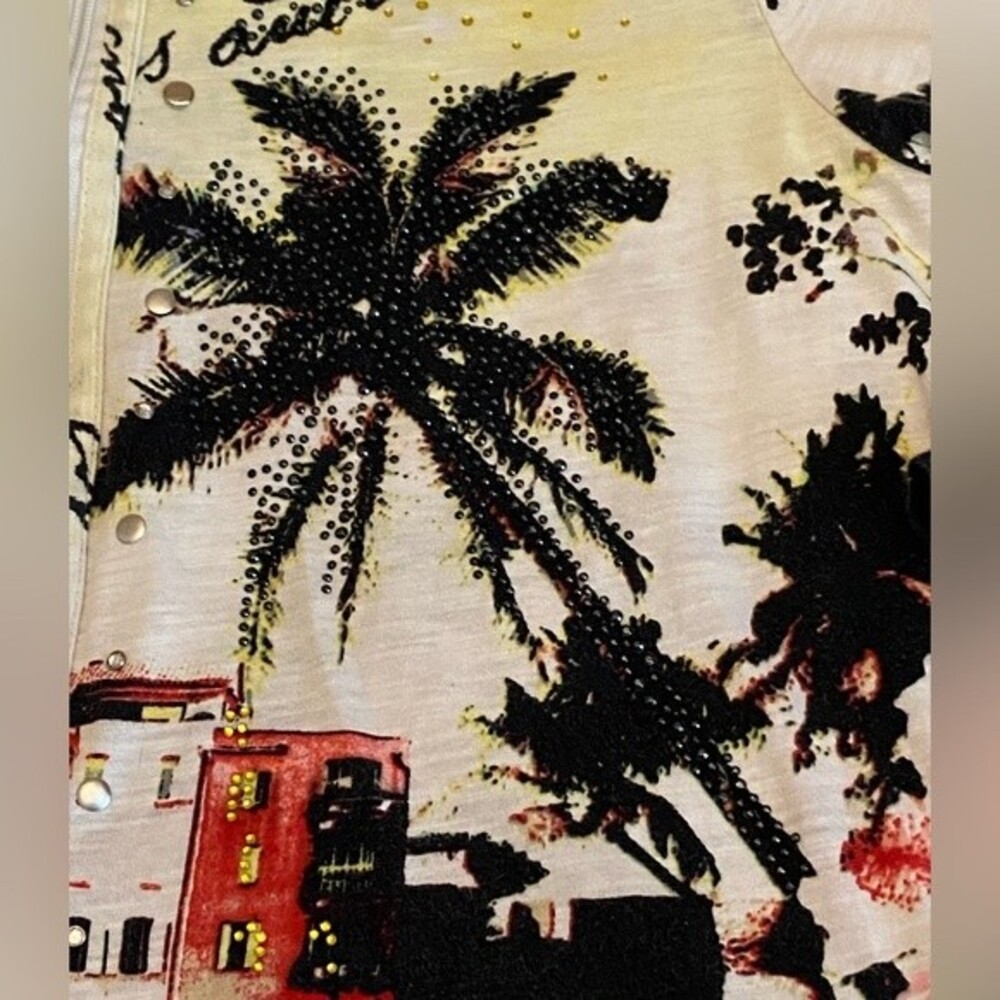 Onque Casuals tropical zip 3/4 sleeve shirt jacket rhinestone palm trees L - Picture 5 of 11